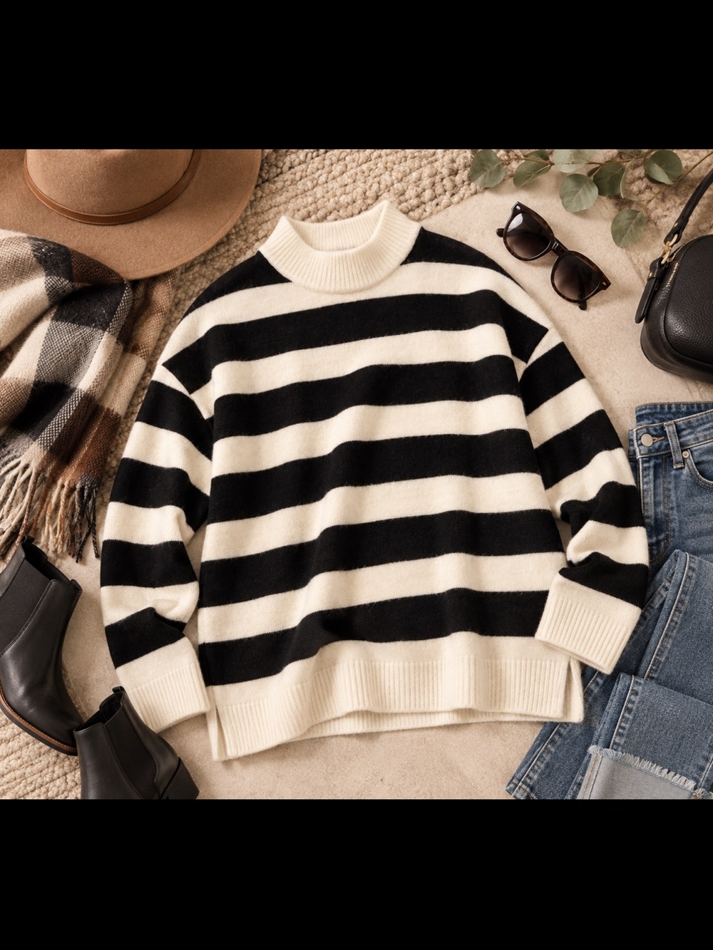 Reitmans Black and Cream Striped Turtleneck Sweater